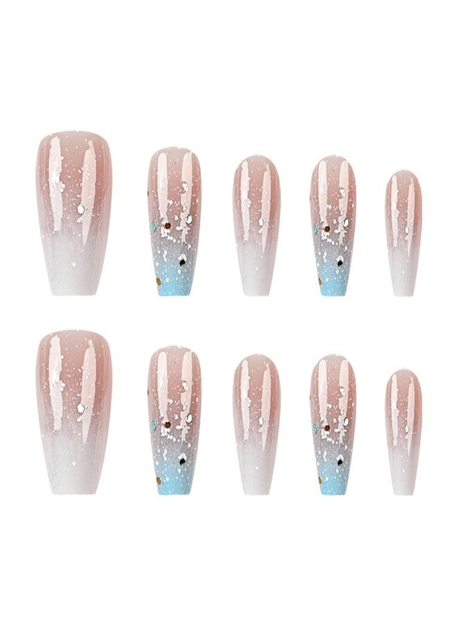 TOGZOM Ombre Press on Nails Medium Square Fake Nails Glitter Acrylic Nails Cute Blue White Gradient Artificial Nails Short Coffin False Nails Press ons Glossy Stick on Nails for Women Girls Manicure 24Pcs - Image 2